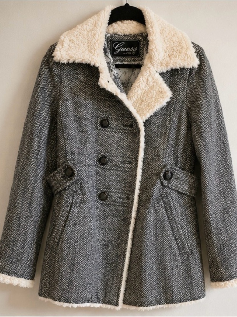 Guess Gray Herringbone Pea Coat with Cream Sherpa Trim